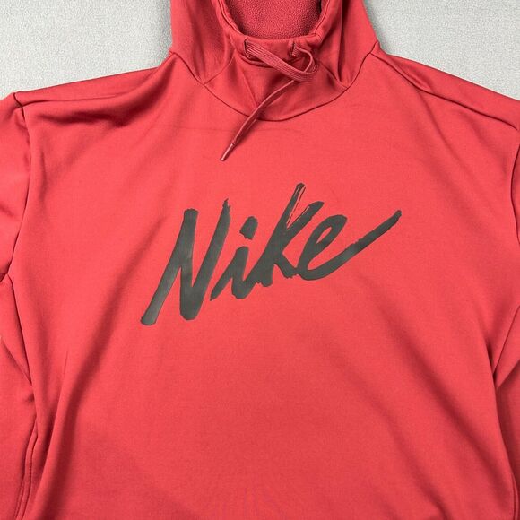 Nike Hoodie Womens Medium Red Script Therma Black Logo Sweatshirt Pullover - Picture 2 of 7